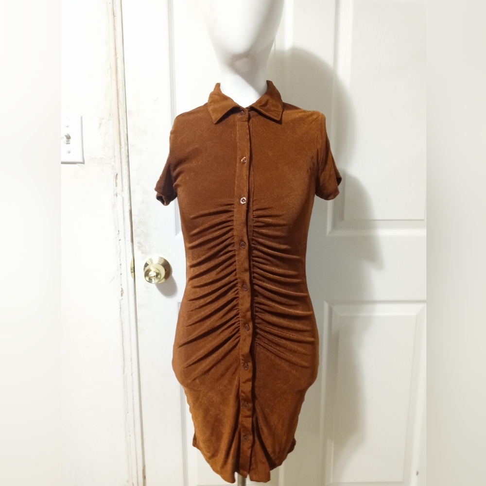 NWT FashionNova Janelle Ruched Shirt Dress Cognac Size S